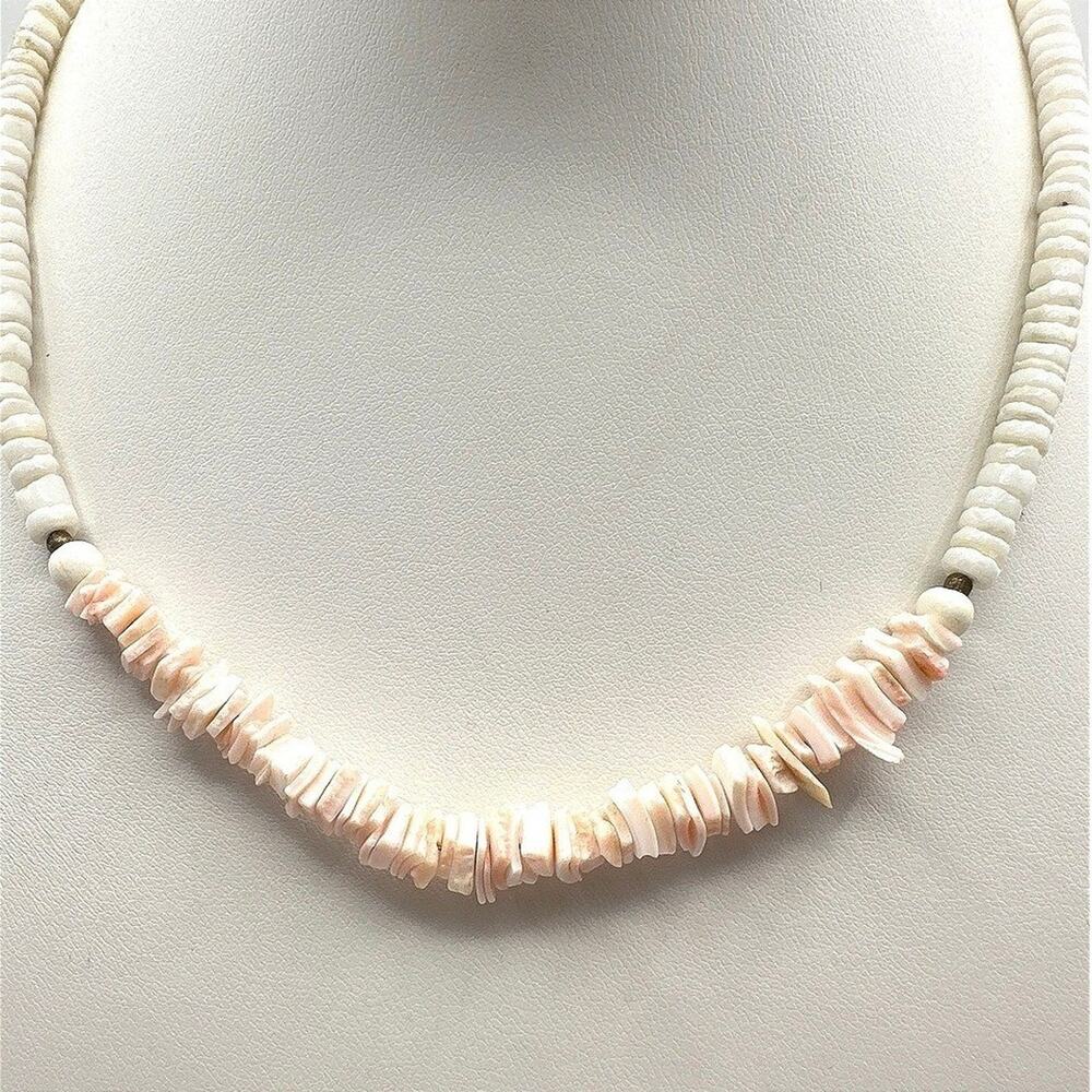 Vintage Y2K Pink Heishe Shell Necklace White Bead Boho Choker Statement Jewelry